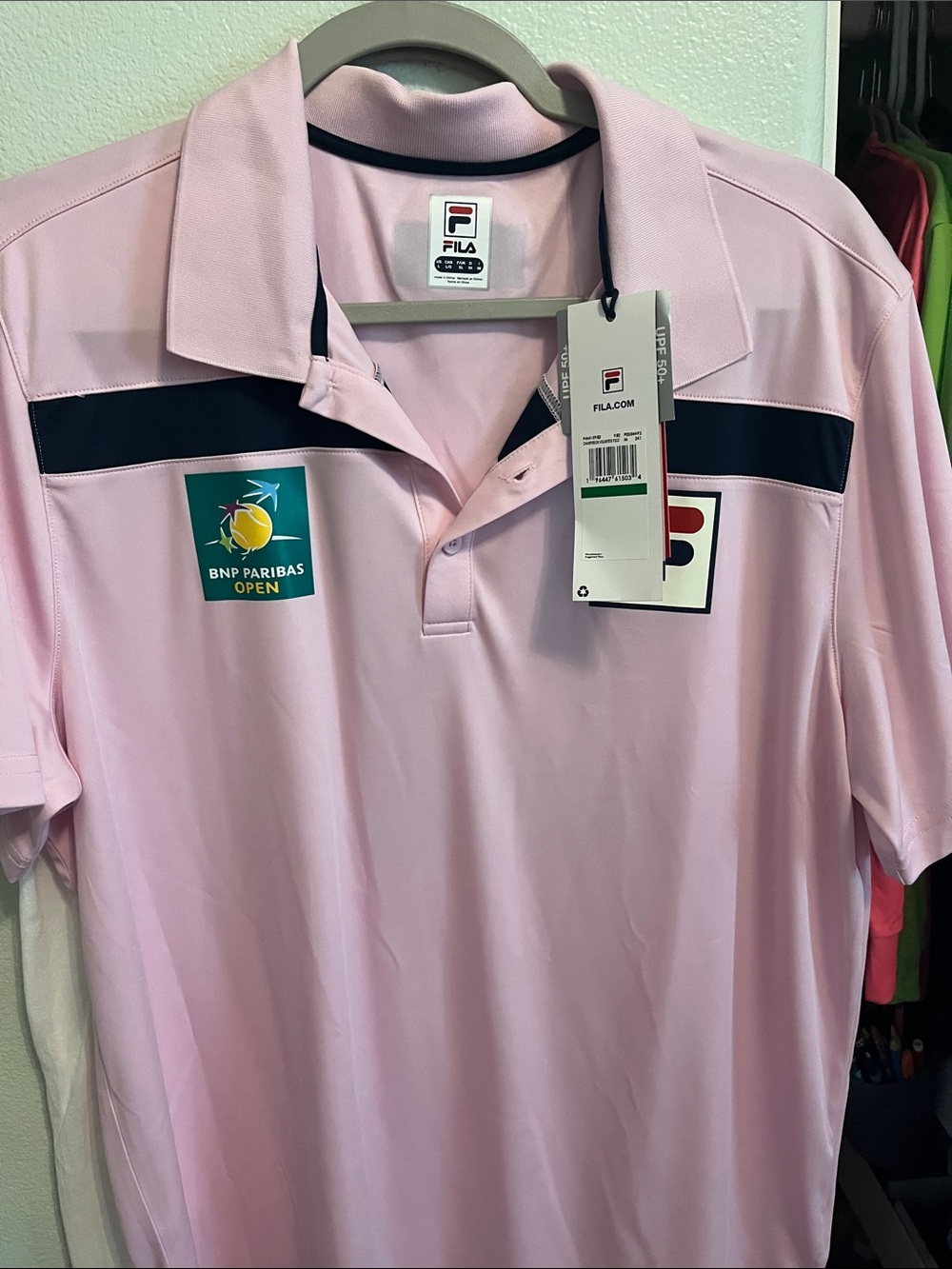 FILA Men's Light Pink Polo with Navy Stripe